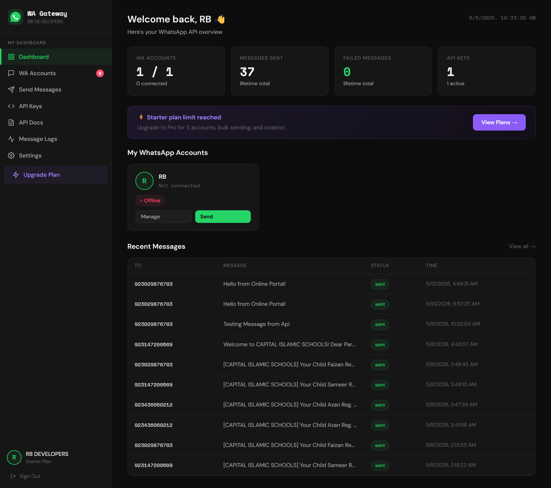 WhatsApp Gateway Dashboard
